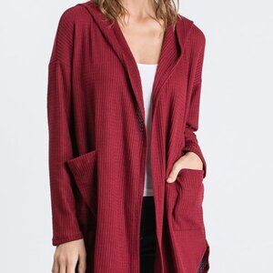 B34 LONG SLEEVE HOOD SOLID WAFFLE OPEN CARDIGAN PLUS SIZE RED NEW